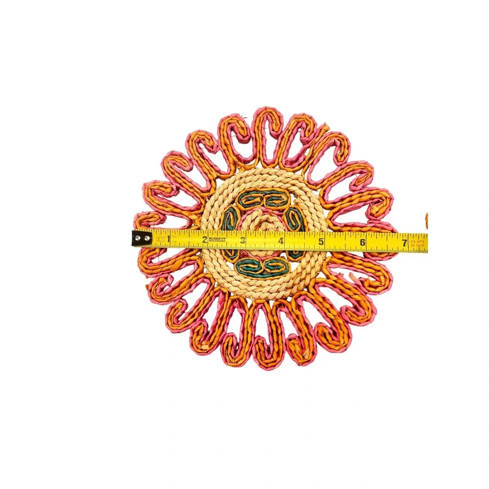 Vintage Woven Raffia Trivets Set of 2 Boho Floral Sunburst Hot Pads Pink Orange